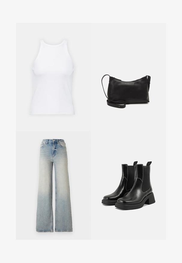 Witte mouwloze tanktop van ribstof, met een ronde halslijn en een aansluitende pasvorm, met minimale naden en zonder versieringen.; Lichtblauwe wijdlopende spijkerbroek van denim, met een hoge taille, vijf zakken en zichtbare stiksels langs de naden.; Zwarte leren Chelsea-boots met een chunky hak, elastische zijpanelen en contrasterende witte stiksels. Gestructureerde afwerking.; Zwarte leren schoudertas met een gladde textuur, gebogen vorm, verstelbare schouderband en een ritsafsluiting. Minimalistisch ontwerp zonder versieringen.