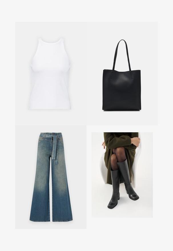 Valkoinen hihaton toppi, joka on valmistettu ribbikankaasta, ja jossa on pyöreä pääntie ja tiukka siluetti, minimaalisin saumoin ja ilman koristeita.; Yksiväriset farkut leveällä lahkeella, joissa on vaaleasta tummansiniseen häipyvä väri, korkea vyötärö, vyölenkit ja yhteensopiva kangasvyö. Rakennefarkkujen pinta.; Polvisuoja mustat nahastossud, millel on ruudukujuline varvas ja plokk-kints, on esitatud mudeli seljas, kes istub oliivrohelises mantlis. Sile tekstuur, minimaalne detailitus.; Mustapahkainen kangaskassi, jossa on sileä pinta, suorakaiteen muotoinen ja kaksi pitkää kahvaa. Ei näkyvää metalliosaa tai koristeita.