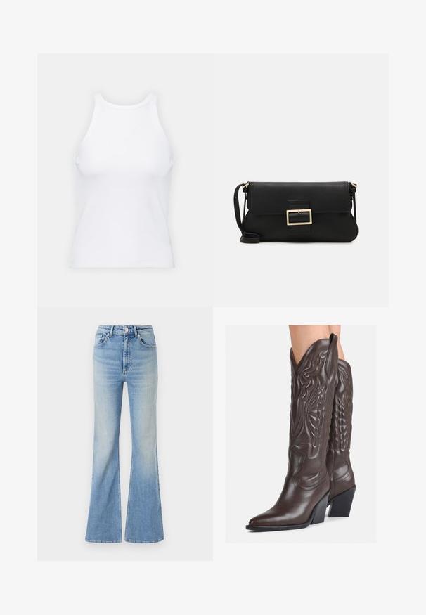 Baltas be rankovių marškinėlis, pagamintas iš išklotinės medžiagos, su apvaliu iškirpimu ir prigludusia siluetu, minimaliais siūlais ir be dekoracijų.; Šviesiai mėlyni plačios kojų džinsai, pagaminti iš džinsinio audinio, su aukštu liemeniu, penkių kišenių dizainu ir subtiliu gradientiniu blukimu link apačios.; Rudos odinės kaubojaus batai su smailiu priekiu ir blokuotu kulnu, pasižymintys detaliu siuvinėjimu ir iškiliais akcentais ant ašies.; Juodas odinis dėkliukas su atvarteliu ir auksinės metalinės sagties detalėmis. Įeina juodas diržas ir elegantiškas, minimalistinis dizainas.