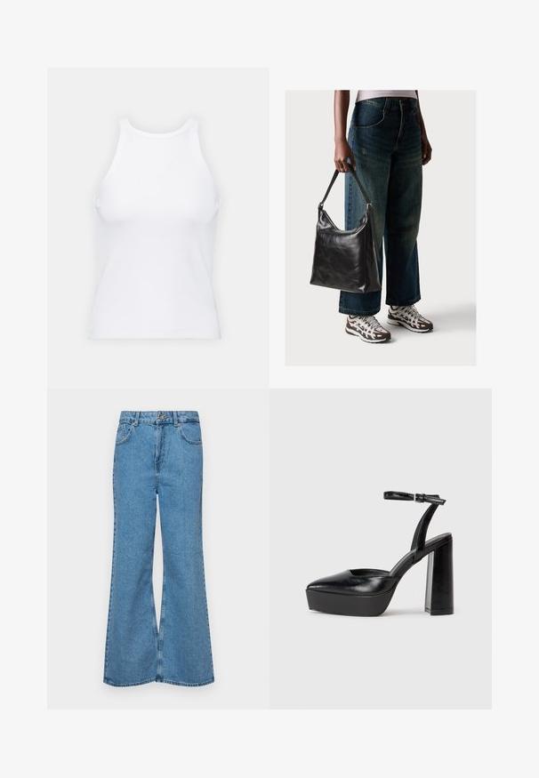 Witte mouwloze tanktop van ribstof, met een ronde halslijn en een aansluitende pasvorm, met minimale naden en zonder versieringen.; Lichtblauwe flared jeans van denim, met een hoge taille, vijf zakken en een enkele knoopsluiting. Zachte textuur met een vervaagde afwerking.; Zwarte plateauhakken met een puntige neus en verstelbare enkelband. Gemaakt van soepel leer, met een robuuste blokhak.; Zwarte leren schoudertas met een gladde textuur en een verstelbare strap, gecombineerd met vervaagde wijde jeans en sportieve sneakers.