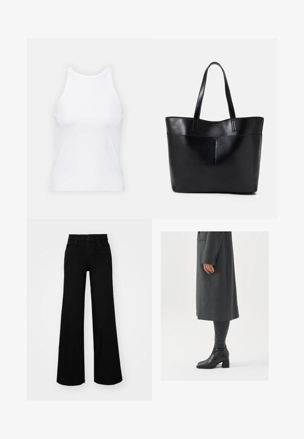 Biela bezrukávová tielko vyrobené z rebrovanej látky, s okrúhlym výstrihom a priliehavým strihom, s minimálnymi švami a bez ozdôb.; Čierne široké nohavice z denimu s pevným pásom, pútkami na opasok a prednými vreckami. Hladká štruktúra s klasickým dizajnom.; Sivý, strihovo upravený kabát so rovnými líniami; doplnený o čierne kožené čižmy po kolená s štvorcovou špičkou a robustným podpätkom.; Čierna kožená tote taška s dvoma dlhými rúčkami, hladkým povrchom a štruktúrovaným tvarom. Obsahuje prednú kapsu pre dodatočné uskladnenie.