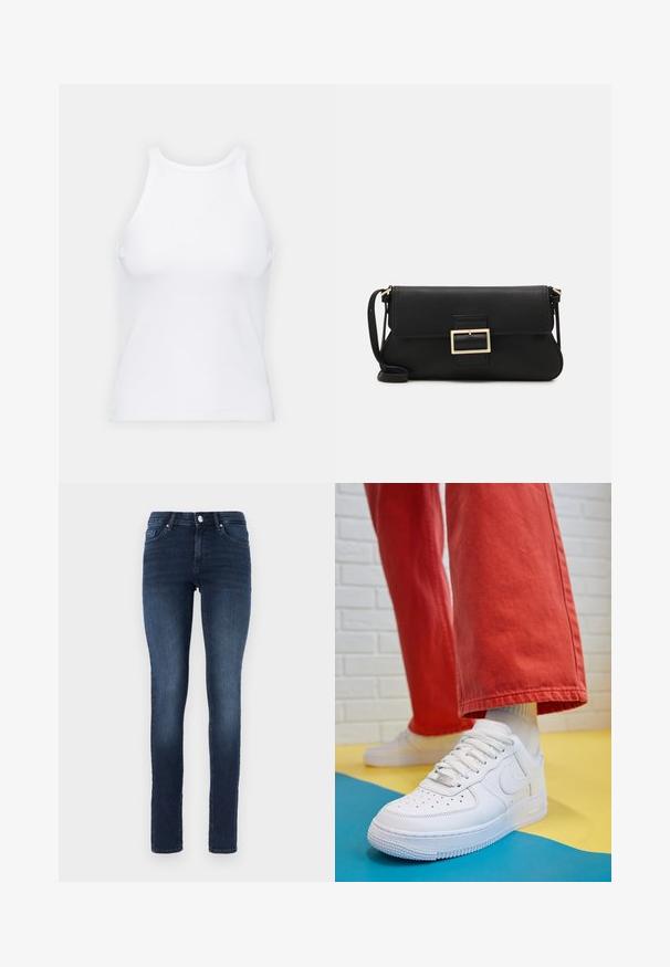 Bílý bezrukávový top vyrobený z ribbed látky, s kulatým výstřihem a přiléhavým střihem, s minimem švů a bez ozdob.; Tmavě modré skinny džíny vyrobené z denimu, s klasickým designem pěti kapes, knoflíkovým zapínáním a jemným vyblednutím na stehnech.; Bílé kožené tenisky s perforovanou špičkou, texturovanou podešví a bílými tkaničkami, v kombinaci s širokými červenými kalhotami a modro-žlutým pozadím.; Černá kožená psaníčko s klopou a zlatým kovovým detailním sponou. Součástí je černý popruh a elegantní, minimalistický design.; Stříbrné kruhové náušnice s točeným designem, se lesklým povrchem a uzávěrem na kolík. Průměr přibližně 3 cm.