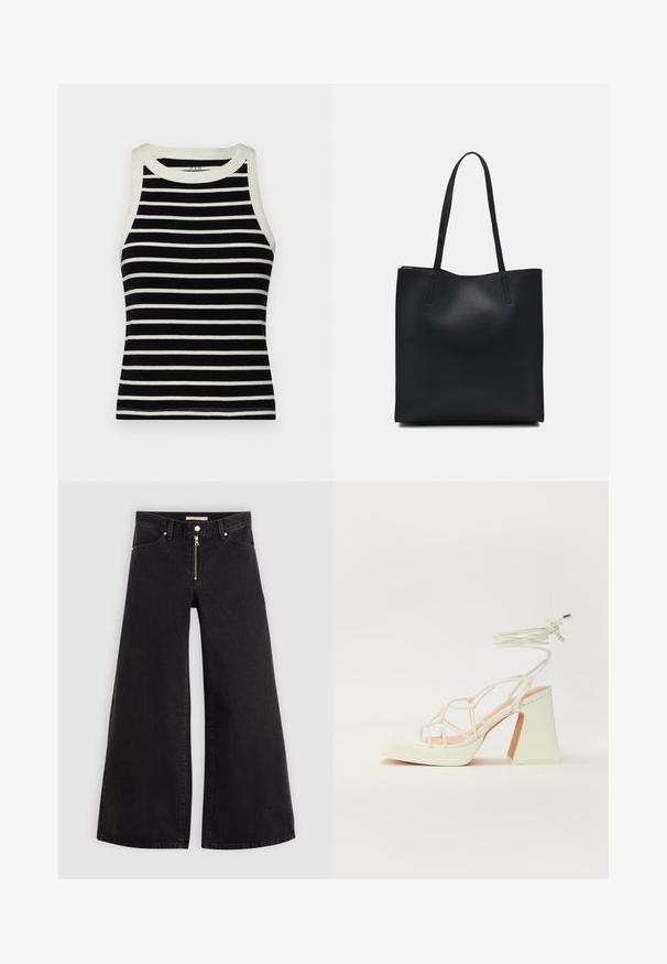 GAP MOD RIB HALTER CROP - Top - black/white; Calças de ganga de perna larga em denim preto com fecho éclair à frente, design de cinco bolsos e detalhes de costura subtil. Textura suave e estilo casual.; Sandálias brancas de salto alto com um salto robusto, apresentando um design com tiras e amarração no tornozelo. Textura suave com uma plataforma na frente para altura adicional.; Bolsa tote preta em couro com textura lisa, forma retangular e duas alças longas. Sem hardware ou enfeites visíveis.