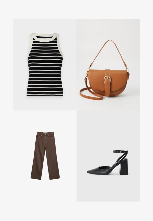 GAP MOD RIB HALTER CROP - Top - black/white; Široke rjave kavbojke iz denima, ki imajo visok pas, sprednje žepe in klasično zapiranje na gumb. Gladka tekstura s subtilnim šivom.; Črne usnjene klasične čevlje z ostrim nosom, z zaponko za gleženj in debelim peto. Ravna tekstura, eleganten dizajn in minimalistična estetika.; Rjava usnjena torbica prek telesa s ukrivljeno obliko, zlate opreme in sponko. Ima odstranljiv naramni trak.