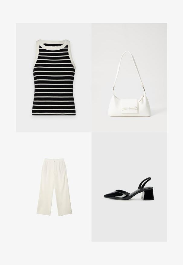 GAP MOD RIB HALTER CROP - Top - black/white; Pantaloni a gamba larga in tessuto crema con una texture liscia, caratterizzati da un singolo bottone frontale, pieghe sottili e un design a vita alta.; Décolleté in vernice nera con punta affusolata e tacco in geometria cubica. Presentano un design elegante e minimalista, con una texture liscia.; Borsa sintetica bianca a forma triangolare, con patta anteriore piatta e dettaglio a fiocco, tracolla regolabile, texture liscia e design minimalista.