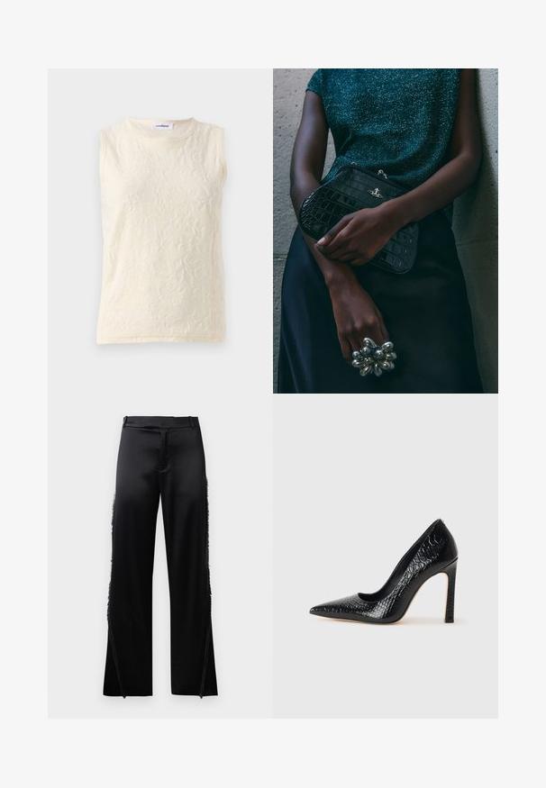 Bezramenný top v světlé krémové barvě, vyrobený z texturované tkaniny s květinovým vzorem. Obsahuje kulatý výstřih a odhalené švy pro detail.; Černé saténové kalhoty s širokými nohavicemi, s třásněmi podél bočních švů a plochým pasem. Hladký zadní díl bez kapes.; Černý lodičkový bot s špičatou špičkou, pokrytý texturou krokodýlí kůže, s elegantním designem, vysokým stiletto podpatkem a hladkým černým interiérem.; Černá kabelka ve tvaru psaníčka s krokodýlím vzorem a stříbrným kováním, držena proti texturovanému šedému pozadí. Vyznačuje se lesklým povrchem.