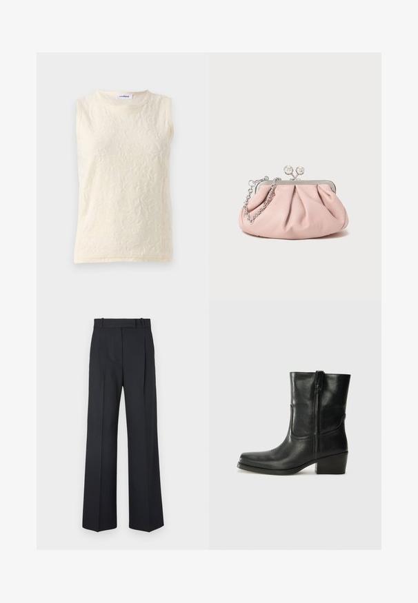 Hihaton paita vaaleassa kermassa, valmistettu tekstuurikankaasta, jossa on kukkakuvio. Varustettu pyöreällä kaula-aukolla ja näkyvillä saumoilla yksityiskohtana.; Tummansiniset raidalliset housut, joissa on korkea vyötärö, leveät lahkeet ja ei näkyviä metalliosia tai koristeita. Sileä pinta ja räätälöity istuvuus.; Musta nahkasaapas nilkkamittaisella varrella, pyöreällä kärjellä, lohkarekorolla, sivuvetoketjulla ja ompeluaksentilla varren yläosassa. Suora pinta, klassinen muotoilu.; Vaaleanpunainen nahkakuuloket pursotettu muotoilun laukku, metallirunko, kaksi pyöreää lukkoa ja hopeaketjuolkaimet. Sileä pinta, kompaktin muotoinen.