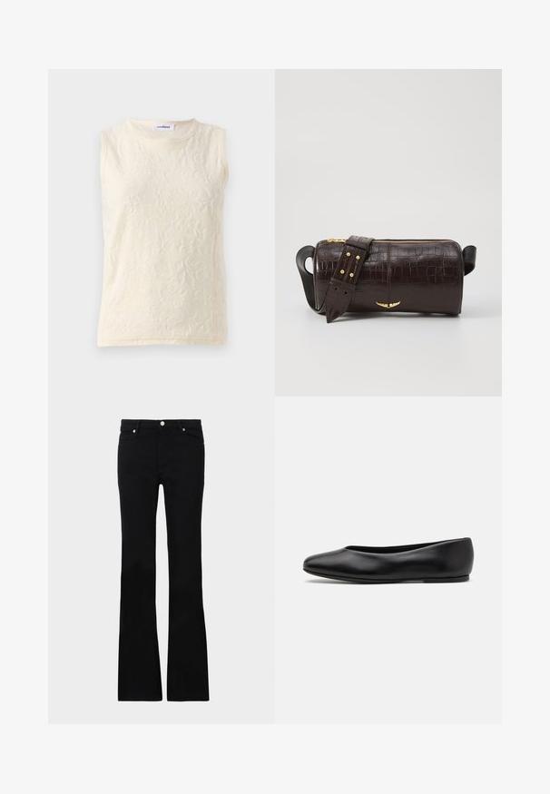 Sleeveless top in light cream, made of textured fabric with a floral pattern. Features a crew neckline and exposed seams for detail.; Black flared jeans made of denim, featuring two front pockets, a button closure, and a smooth texture. Signature stitching visible at seams.; Paul Smith TOPANGA - Ballet pumps - black; Brown crocodile-embossed leather bag with a cylindrical shape, gold-tone hardware, and a detachable strap featuring studs.