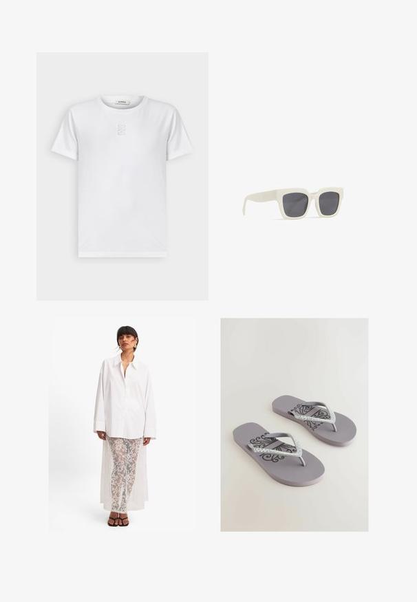 sandro T-paita - blanc; Valkoinen napitettava paita, jossa on pitkät hihat, yhdistettynä läpikuultaviin valkoisiin pitsihousuihin, joissa on kukkakuvio ja pitkä takakaistus. Mustat sandaalit.; Harmaat flip-flopit, joissa on teksturoitu pohja, näyttävä musta kuvio ja kimaltelevat strassikoristellut hihnat V-muotoisessa designissa.; Valkoiset muoviset aurinkolasit, joissa on harmaat linssit. Neliön muotoinen kehys. Varressa on huomaamaton brändäys. Tasainen pinta, jossa on matta viilutus.