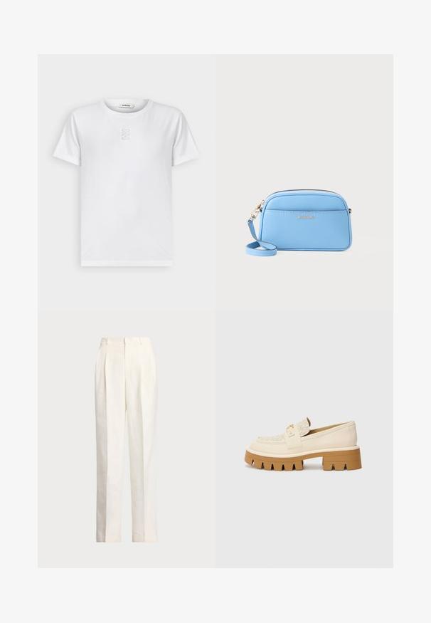 sandro Jednoduché tričko - blanc; Polo Ralph Lauren HEMP WIDE LEG PANT - Kalhoty - nevis; Béžové mokasíny s texturovaným smetanovým páskem, které mají robustní hnědou podrážku s vzory připomínajícími zuby. Zlatý detail na sponě.; Svetle modrá kožená crossbody taška se zlatými kovovými doplňky, zipovým uzávěrem a přední kapsou. Obsahuje nastavitelné ramenní popruh pro pohodlí.