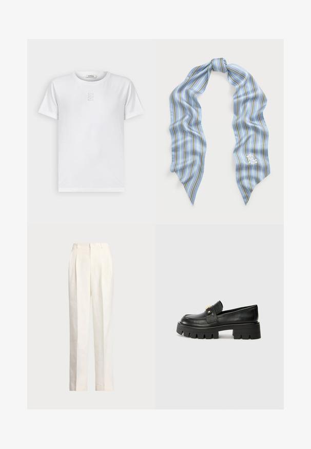sandro Paprasti marškinėliai - blanc; Polo Ralph Lauren HEMP WIDE LEG PANT - Kelnės - nevis; Juodi odiniai loafers batai su masyviu padu, papuošti auksiniu akcentu priekyje ir lygiu paviršiumi. Masyvi protektoriaus dizaino išvaizda padais.; Šviesiai mėlynas šilkinis šalikas su vertikaliomis juostelėmis žalia, purpurine ir balta spalvomis. Baigtos kraštinės, viename kampe yra mažas siuvinėtas logotipas.