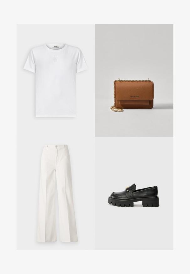 sandro T-shirt basic - blanc; Pantaloni bianchi a gamba larga realizzati in cotone con una texture liscia. Presentano un bottone anteriore, una zip e un design a quattro tasche.; Mocassini in pelle nera con suola spessa, caratterizzati da un accento dorato nella parte anteriore e una finitura liscia. Design della suola con profilo spesso.; Borsa a tracolla in pelle marrone con texture, dotata di catena dorata e chiusura a pattina. Sul davanti presenta un dettaglio con logo e una tasca sotto la pattina.