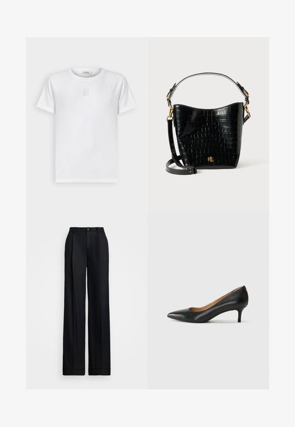 sandro Tricou basic - blanc; Pantaloni negri cu picioare largi, prezentând un finisaj neted, față plată, bucle pentru curea și un închidere cu un singur buton la talie.; Pantofii din piele neagră au vârful ascuțit, toc mic și o textură netedă. Au o deschidere ușoară în față și un hardware minim în spate.; Geantă din piele cu embossare croc neagră, cu o formă curbată, accente din metal aurit, curea ajustabilă și un detaliu cu logo în față.