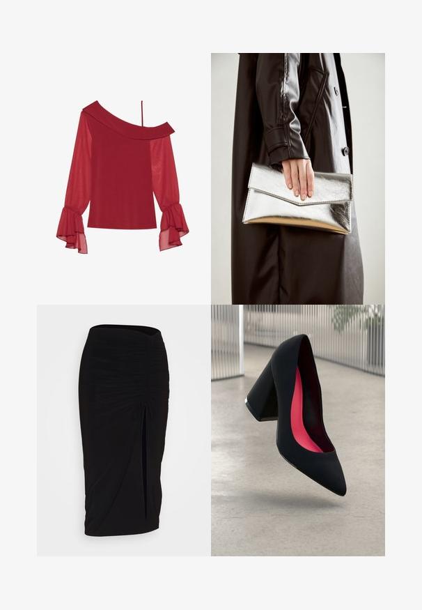 Anna Field OFF SHOULDER LS TOP WITH STRAP AND CHIFFON SLEEVESAN6_FW24_2-1-D_079 / 303 - DARK RED - Long sleeved top - dark red; Black, ruched pencil skirt with tie detail and a side slit. Made from a stretchy fabric, featuring a smooth texture and form-fitting design.; Black high-heeled shoe with a pointed toe and a textured upper. Interior features bright pink lining. Square heel with metallic accent at the base.; Silver metallic clutch with an angular envelope design, smooth texture, and contrasting interior color, held in a hand wearing a black coat.