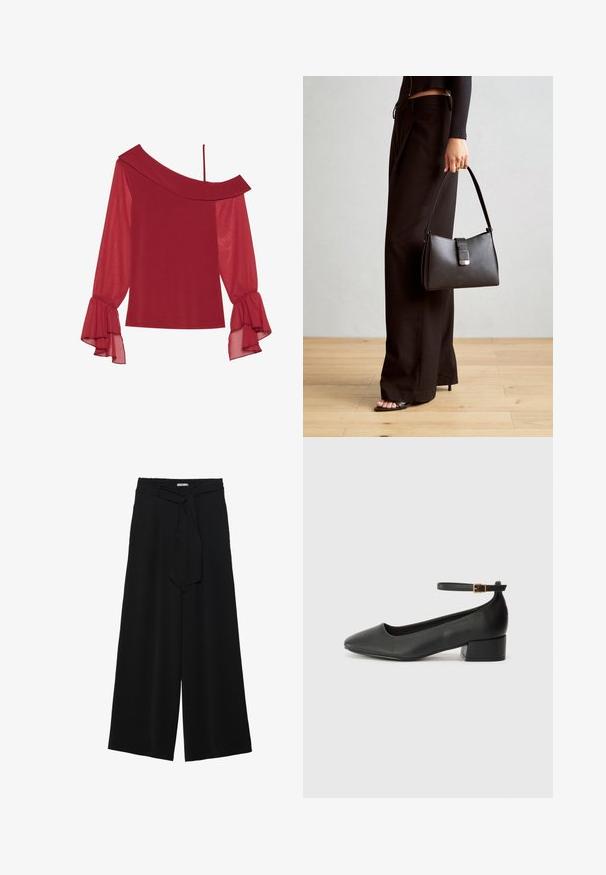 Anna Field OFF SHOULDER LS TOP WITH STRAP AND CHIFFON SLEEVESAN6_FW24_2-1-D_079 / 303 - DARK RED - Top s dlouhým rukávem - dark red; Černé kalhoty s širokými nohavicemi, vyrobené z texturované tkaniny, s elastickým pasem a odnímatelným páskem na úpravu velikosti.; Černé kožené lodičky s špičatou špičkou a nízkým blokovým podpatkem. Obsahují pásek kolem kotníku se zlatou sponou. Hladký povrch.; Černá kabelka se strukturovaným tvarem, hladkým povrchem a kovovým uzávěrem. Kombinována s širokými černými kalhotami a sandály s otevřenou špičkou na dřevěné podlaze.