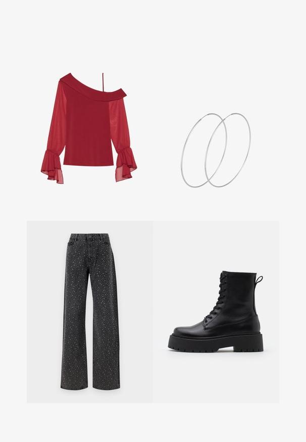 Anna Field OFF SHOULDER LS TOP WITH STRAP AND CHIFFON SLEEVESAN6_FW24_2-1-D_079 / 303 - DARK RED - Long sleeved top - dark red; Noisy May NMJANNEL LOOSE - Relaxed fit jeans - black denim; Black leather ankle boots with a round toe, lace-up front, and a thick rubber sole featuring a textured tread. Pull tab at the back.; Silver hoop earrings with a minimalist design. Circular shape, smooth texture, and thin profile. Lightweight with a polished finish.