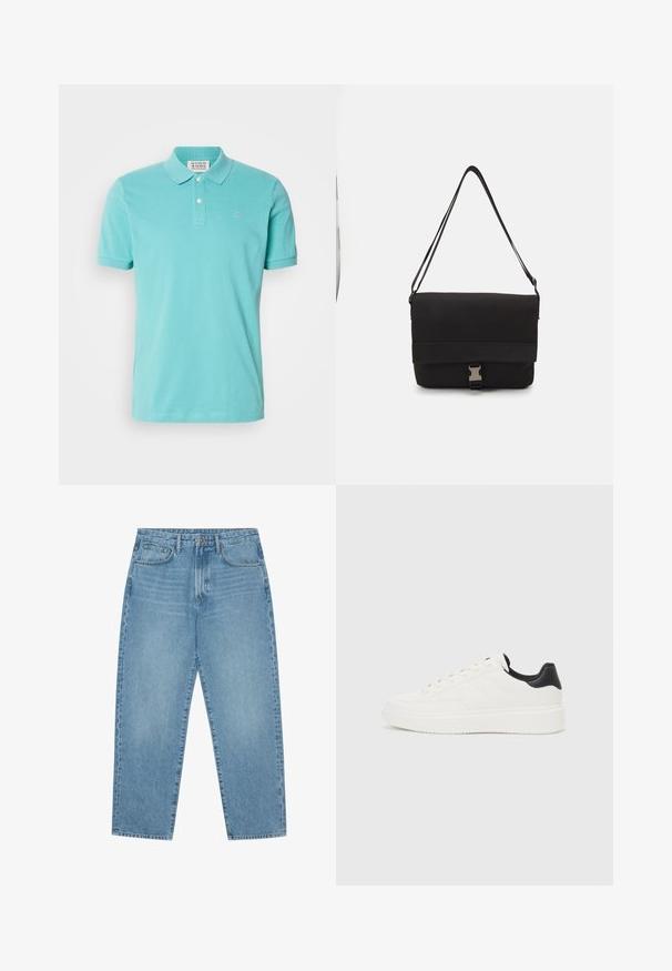 Türkiis poloshirt, puuvillane materjal, lühikesed varrukad, kahe nupuga nööpauk, delikaatne tikand logoga rinnal, sile tekstuur.; Heledad tumesinised lai jalgadega teksad kõrge vöökohtaga, millel on viis taskut, vöökohad ja pehme, kergelt pleekinud tekstuur.; Valge nahast sneaker, millel on reljeefne muster, tekstureeritud valge vaheline tall ja must kannaaktsent. Omab ümarat nina ja lamedat paelavarrast.; Mustmust kärjer, mis on valmistatud siledast materjalist, fold-over klapiga, hõbedaste kinnitustega ja reguleeritava õlarihmaga.