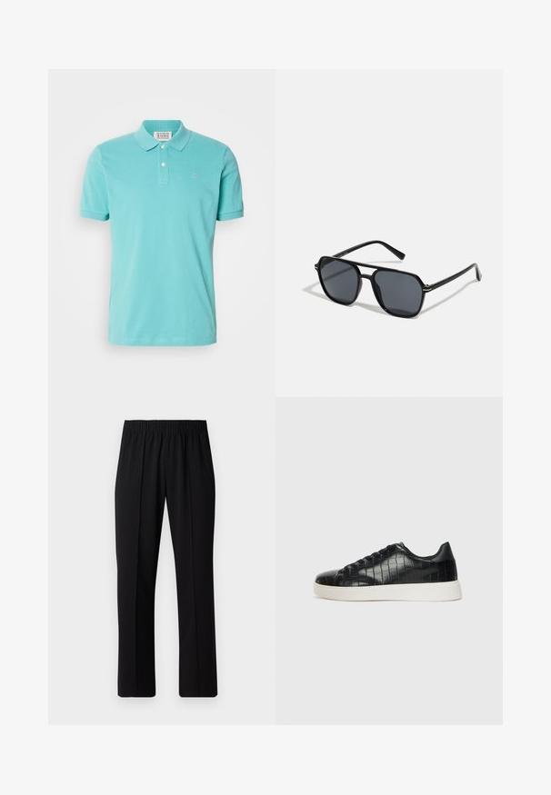 Türkiz póló, pamut anyagból, rövid ujjú, két gombos gallér, finoman hímzett logó a mellrészen, sima felület.; Fekete, gumíros derekú nadrág egyenes szabással, sima felülettel, látható minták vagy fémrészek nélkül.; Fekete sportcipő, amely texturált krokodilbőr felsőrésszel, kerek orral és sima felületű, kontrasztos fehér gumitalppal rendelkezik.; Fekete napszemüveg nyolcszögletű kerettel, sötét lencsékkel, fényes felülettel, vékony szárakkal és arany díszítéssel az elülső részén.