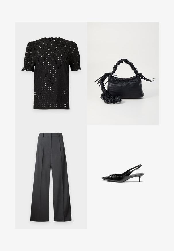 Black short-sleeve blouse with a textured, eyelet design featuring puffed sleeves and a round neckline, fastened with a keyhole at the back.; Wide-leg trousers in dark gray fabric, featuring a high waist, single pleats, and a smooth texture with a clean finish at the hems.; Black leather slingback heels with a pointed toe, small kitten heel, and a decorative knot detail on the front. Smooth texture throughout.; Black faux leather handbag with a crocodile texture, cinched top, and a scrunched strap. Appears soft and compact in design.