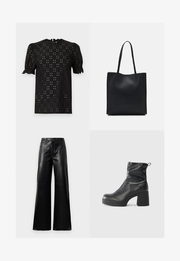 Črna kratka bluzica s teksturiranim, očesnim oblikovanjem, ki ima napihnjene rokave in okroglo ovratnik, zapeta z odprtino na hrbtni strani.; Črne široke hlače iz umetnega usnja z visokim pasom, sprednjim gumbom, zadrgo, zanke za pas in stranskimi žepi na beli podlagi.; Črne gležnjarje iz gladke kože z božnim zadrgo, masivnim teksturiranim peto in zaobljeno obliko prstov.; Črna usnjena torba s svilnato teksturo, pravokotne oblike in dvema dolgima ročajema. Brez vidnih metalnih delov ali okrasnih elementov.
