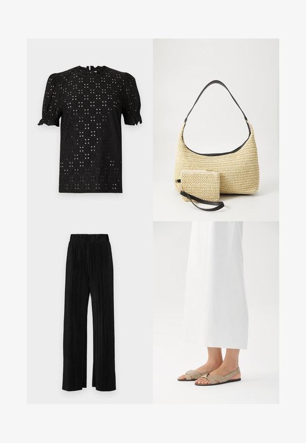 Sort kortærmet bluse med et tekstureret, hulmønstret design, der har puffede ærmer og en rund halsudskæring, lukket med en nøglehulslukning i ryggen.; Sorte plisserede bukser med elastisk talje. Har brede ben og et glat, tekstureret stof med lodrette striber.; Beige lædersandaler med krydsrem-design og en sort sål, der har åben tå og slingback-stil. Sat mod en hvid baggrund.; Vævet stråhåndtaske med en buet silhuet, der har en glat sort læderrem og en matching lille pung, der er fastgjort med en håndledsrem.