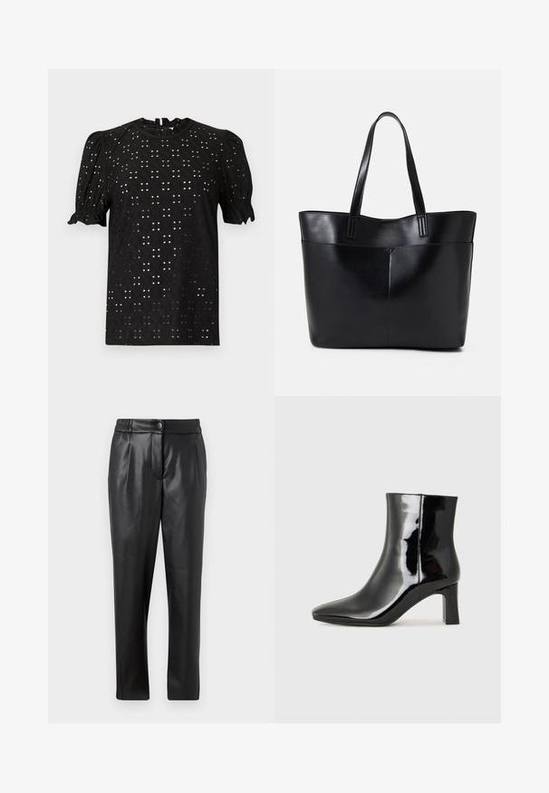Fekete, rövid ujjú blúz, texturált, lyukacsos mintával, puffos ujjal és kerek nyakkivágással, hátul kulcslyukkal rögzítve.; Fekete bőr nadrág sima textúrával, egyenes szabással, rugalmas derékkal és elülső gombos záródással; pliszírozott részletezéssel és szűkített lábakkal.; Fekete lakk bőrcipő bokáig érő, hegyes orral és közepes magasságú tömbsarokkal. Simább textúrával és minimalista dizájnnal rendelkezik.; Fekete bőr bevásárlótáska két hosszú fogantyúval, sima felülettel és strukturált formával. Elülső zseb található rajta a plusz tárolás érdekében.