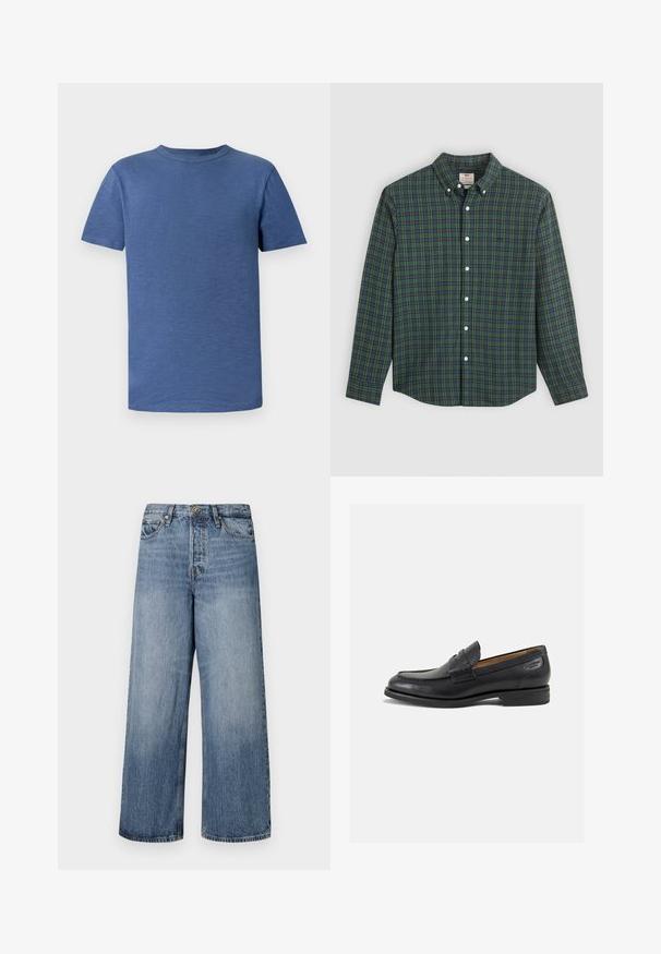 Camiseta de manga curta azul feita de um tecido texturizado. Apresenta um decote redondo clássico e um corte descontraído, sem padrões ou realces visíveis.; Camisa de botão de mangas compridas com padrão quadrado em verde, azul e amarelo, botões brancos e colarinho abotoado.; Calças de ganga azuis de pernas largas com um efeito desbotado, design de cinco bolsos e fecho de botão. Equipadas com passantes para cinto e detalhes cosidos.; Mocassins pretos de pele com um acabamento suave, bico redondo e costura decorativa no a parte superior. Salto baixo e empilhado com um ligeiro brilho.