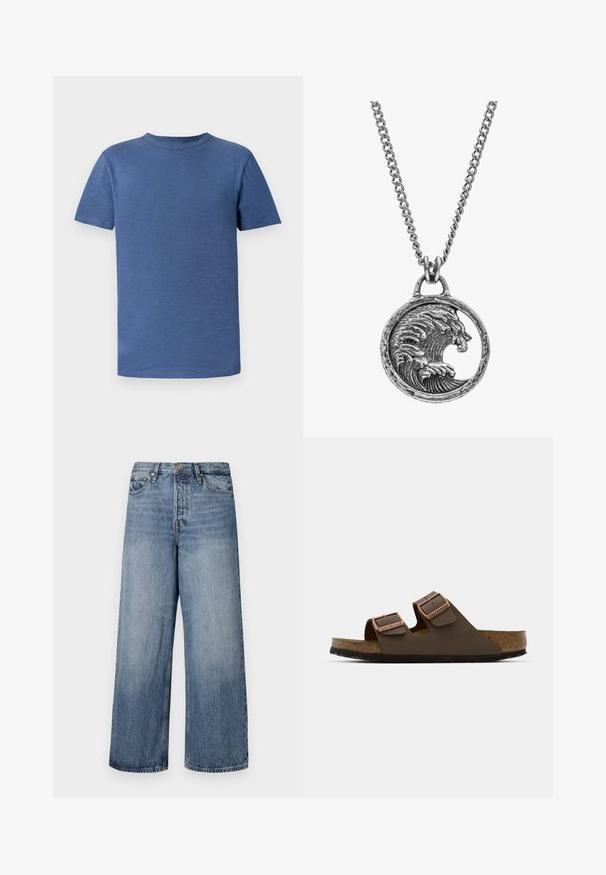 Mėlyna trumpomis rankovėmis t-shirt marškiniai, pagaminti iš tekstūruotos medžiagos. Turi klasikinį apvalų kaklą ir laisvą siluetą, be matomų raštų ar akcentų.; Platus blekno džinsai su išblukusiu skalbimu, penkių kišenių dizainu ir mygtukų uždarymu. Įrengti diržo kilpomis ir siuvinėjimu.; Rudos dviem diržais sandalai su vario spalvos sagtimis, kamščio padas ir guminiu padu. Išskirtinis dizainas su reguliuojamais diržais, užtikrinančiais patogų pritaikymą.; Sidabrinė vėrinys su apskritu pakabuku, kuriame vaizduojamas bangos ir liūto motyvas, detaliai išraižyta tekstūra ir grandinėlė su kintančiais lygių ir reljefinių grandelių elementais.