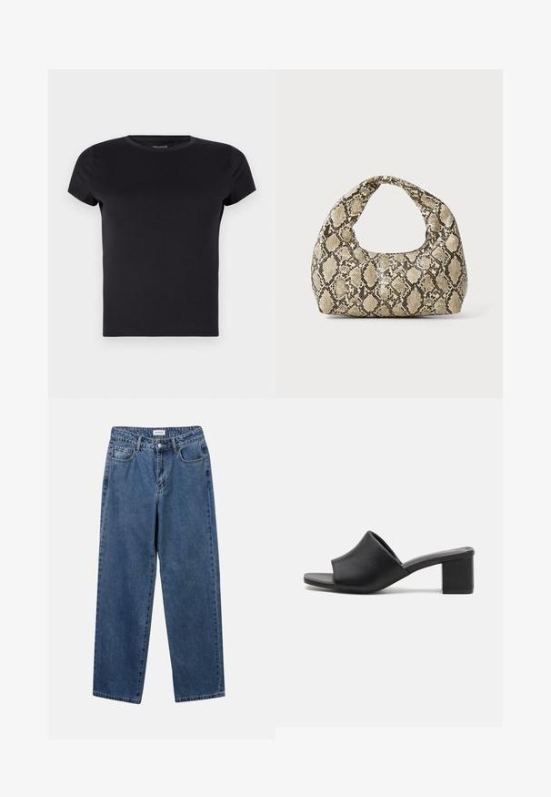 Juodas trumpas rankovės marškinėliai, pagaminti iš lygaus audinio. Turi apvalią kaklo iškirptę ir įprastą siluetą, be matomų raštų ar dekoracijų.; Klasikiniai mėlynos džinsinio audinio džinsai su tiesiomis kojomis, penkiomis kišenėmis ir mygtukų uždarymu. Pasižymi vidutiniu skalbimu ir tvirtu audiniu.; Juodi odiniai mules su blokuoto kulno, atviru pirštu, kuriais galima mėgautis sklandžiu paviršiumi ir šiek tiek užlenktu viršumi, užtikrinančiu komfortą ir stilių.; Gyvatės rašto rankinė su kreiviu rankenėle. Pagaminta iš tekstūruotų smėlio ir rudos spalvos medžiagų, su išskirtiniu rombo raštu.