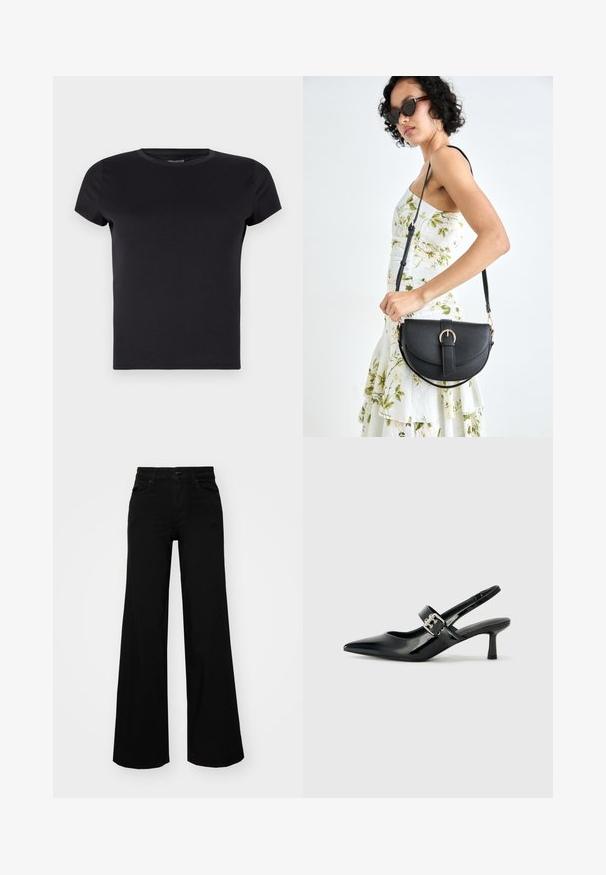 Must mustaga kätistega t-särk, mis on valmistatud siledast kangast. Omab ümarat kaelust ja regulaarset lõiget, ilma nähtavate mustrite või kaunistusteta.; Mustad mustad püksid, mis on valmistatud denimist, struktuurse vöökohtade, vöökootidega ja esikottidega. Sile tekstuur klassikalise disainiga.; Mustad patenteeritud nahast sildiga kontsad, millel on terav nina ja väike plokk-konts, mille rihmal on hõbedane pandla aksessuaar.; Mustmust mustraha kõverate joontega, eemaldatava rihmaga ja kuldsete detailidega. Kotil on klapp, millel on pandladetail.