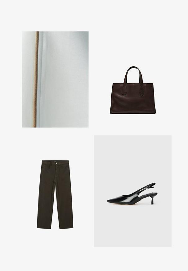 Lichtblauwe stof met een zachte textuur, met een smalle bruine accentafwerking langs de naad voor extra detail.; Donkergroene wijde jeans van een katoenmix, met een sluiting met een voorste knop, vijf zakken en klassieke denimstiksels.; Zwarte gepatineerde leren slingback hakken met een spitse neus, dunne hak en verstelbare gespstrap. Gladde textuur met minimale details.; Bruine leren tote bag met twee verlengde handvatten, gestructureerde rechthoekige vorm, gladde textuur en subtiele stiksels.