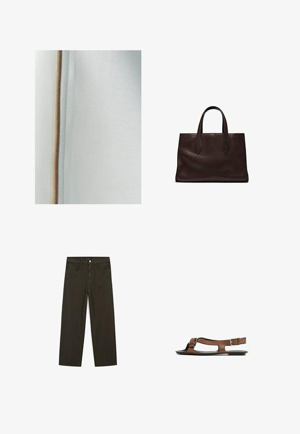 Tessuto azzurro chiaro con una morbida texture, caratterizzato da un sottile bordo marrone lungo la cucitura per un tocco di dettaglio in più.; Jeans a gamba larga di colore verde scuro, realizzati in tessuto misto cotone, dotati di chiusura con bottone frontale, cinque tasche e cuciture classiche in denim.; Sandal in pelle marrone con punta aperta e ritagli laterali. Presenta una fascia alla caviglia con una fibbia metallica e una suola piatta.; Borsa a spalla in pelle marrone con due manici lunghi, forma rettangolare strutturata, texture liscia e dettagli di cucitura sottili.