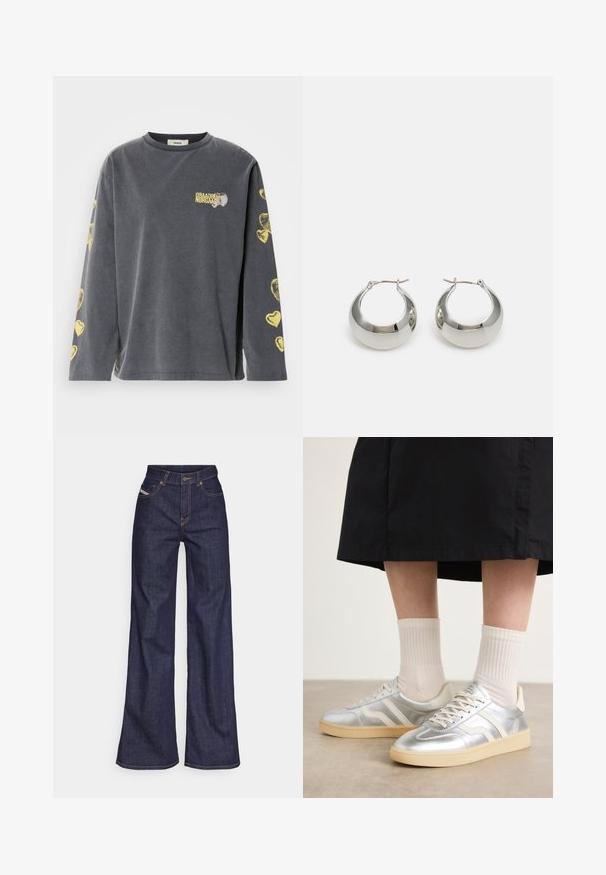 Gray long-sleeve shirt with a round neck, featuring yellow heart patterns along the sleeves and a small printed logo on the front.; Dark blue wide-leg jeans in denim fabric with a high waist, featuring orange stitching, five-pocket design, and a button closure.; Silver synthetic sneakers with white stripes, cream sole, and textured surface; paired with light ribbed socks and a black skirt.; Silver metal hoop earrings with a smooth, shiny surface and a structured, rounded design. Features a hinged clasp for secure wear.
