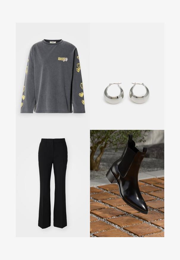 Harmaa pitkähihainen paita pyöreällä kauluksella, jossa on keltaisia sydänkuvioita hihoissa ja pieni painettu logo edessä.; Mustat räätälöidyt housut lainehtivalla muodolla. Valmistettu sileästä kankaasta, jossa on etupuolen taitokset ja tasainen vyötärö. Ei näkyviä taskuja.; Musta nahkainen Chelsea-saapas, jossa on terävä kärki, joustavat sivupaneelit ja paksu korko, lepäilemässä kivestä ja puusta valmistetun pinnan päällä.; Hopepronssi metalliset korvakorut, joissa on sileä, kiiltävä pinta ja rakenteellinen, pyöristetty muotoilu. Varustettu käänteellisellä lukolla turvallista käyttöä varten.