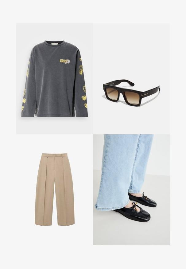 Gray long-sleeve shirt with a round neck, featuring yellow heart patterns along the sleeves and a small printed logo on the front.; Beige, wide-leg trousers hanging vertically, featuring front pleats and a flat waistband, showcasing a neutral and elegant style.; Black leather ballet flats with a rounded toe, featuring a cutout and bow detail, worn with light blue wide-leg jeans.; Tortoiseshell sunglasses with a square frame, gradient brown lenses, and subtle gold hardware accents on the temples.