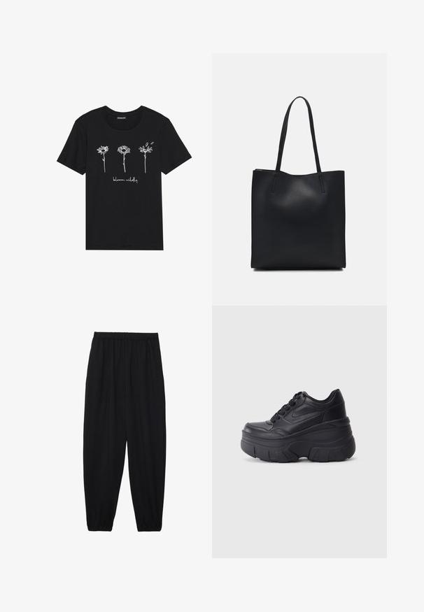 Camiseta negra de algodón con dibujos en blanco de tres flores y el texto "florece salvajemente" debajo. Cuello redondo y mangas cortas.; Pantalones negros, ligeros, con cintura elástica y tobillos fruncidos. La tela es suave y presenta un diseño relajado y ajustado.; Zapatillas negras con cordones y suela gruesa, con parte superior de cuero suave, punta redondeada y un diseño de plataforma en capas distintivo.; Bolso tote de cuero negro con textura lisa, forma rectangular y dos asas largas. Sin herrajes ni adornos visibles.