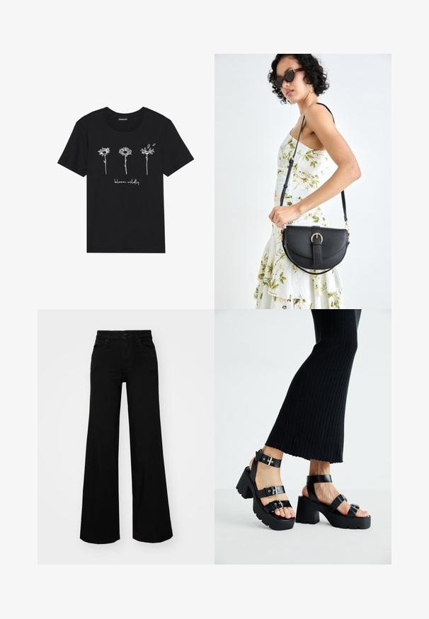 Sort bomulds-t-shirt med hvide linjetegninger af tre blomster og teksten "blomstre vildt" nedenfor. Rund hals og korte ærmer.; Sorte bukser med bred benvidde lavet af denim, med en struktureret talje, bæltesløjfer og forlommer. Glat tekstur med et klassisk design.; Sorte platfromsandaler med kraftige, skridsikre såler og flere stropper, der har metalspænder og en glat læderlignende tekstur.; Sort læderhåndtaske med en buet form, aftagelig rem og guldfinish. Tasken har en klap med en spænde detalje.