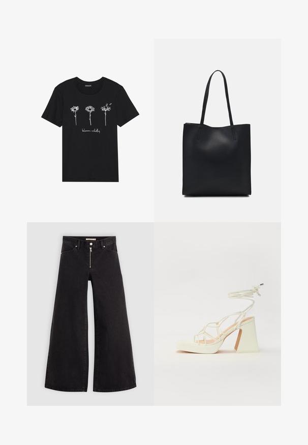Black cotton t-shirt featuring white line drawings of three flowers and the text "bloom wildly" underneath. Round neck and short sleeves.; Wide-leg jeans in black denim with a zippered front, five-pocket design, and subtle stitching details. Smooth texture and casual style.; White high-heeled sandal with a chunky heel, featuring a strappy design and ankle tie. Smooth texture with a platform front for added height.; Black leather tote bag with smooth texture, rectangular shape, and two long handles. No visible hardware or embellishments.