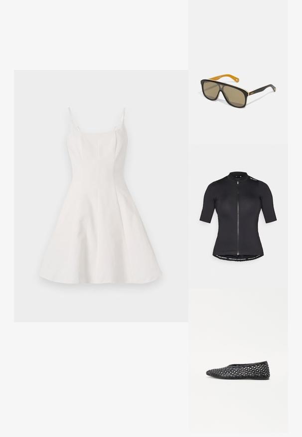 Krátký cyklistický dres s krátkým rukávem v černé barvě, s předním zipem, vysokým límcem a značkovým pruhem na dolním lemu. Hladký, lehký materiál.; Bílé šaty ve tvaru A s tenkými ramínky, s přiléhavým živůtkem a rozšířenou sukní. Vyrobené z hladké látky s čistým, minimalistickým designem.; Černé tkané nazouvací boty s mřížkovým designem, plochou podrážkou a hladkým gumovým materiálem, které poskytují prodyšnost a flexibilitu.; Černé oversized sluneční brýle s hnědými skly, na rámečku s bílým akcentem a kontrastními žlutými konci stranic. Přítomno logo značky.