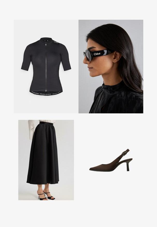 Krátký cyklistický dres s krátkým rukávem v černé barvě, s předním zipem, vysokým límcem a značkovým pruhem na dolním lemu. Hladký, lehký materiál.; Černá maxi sukně vyrobená z hladkého materiálu, s nařaseným pasem a splývavým střihem, v kombinaci s černými sandály na podpatku.; Hnědé semišové slingback lodičky s špičatou špičkou, elegantním designem, tenkým podpatkem a spony na kotníkovém popruhu.; Černé sluneční brýle s kulatými skly a výraznými, ostrými rámy, na boku s bílým nápisem "Chloé". Hladký, lesklý povrch.; Hnědá texturovaná kožená kabelka se zlatým kováním, horní rukojetí a odnímatelným ramenním popruhem. Obsahuje přední klopu a detail loga.; Zlatý obdélníkový náramkový hodin s bílým ciferníkem, stříbrnými indexy a odolným kovovým náramkem. Obsahuje voděodolnou funkci.