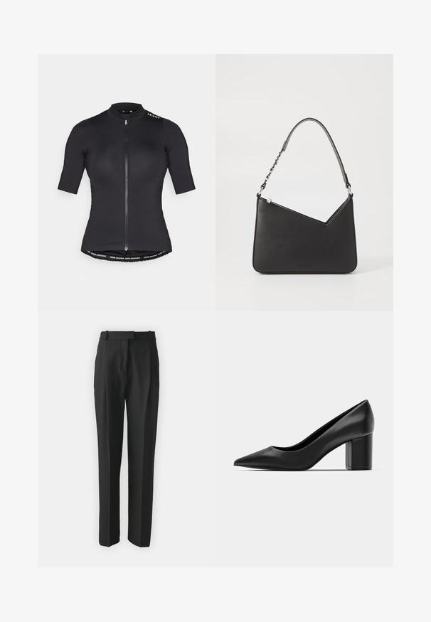 Camisola de ciclismo de manga curta em preto, com fecho na frente, colarinho alto e uma faixa com marca na bainha inferior. Tecido liso e leve.; Calças pretas de corte ajustado, feitas de um tecido leve, com corte reto, frente lisa e passantes para cinto. Textura suave sem padrões visíveis.; Pumps pretas em couro com bico fino e salto quadrado robusto. Textura suave, design simples, adequado para ambientes formais.; Bolsa de couro preta com formato triangular, alça fina e detalhes em metal prateado. Apresenta um fecho com zíper e logótipo em relevo na parte frontal.
