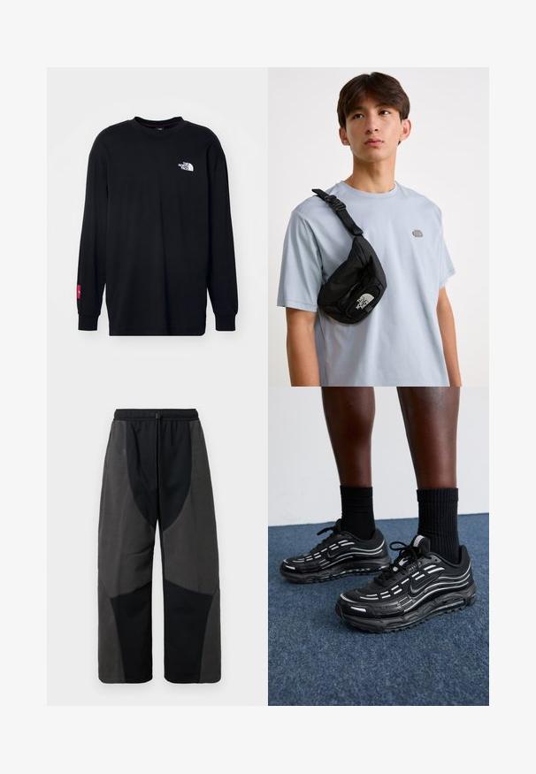 The North Face AXYS TEE - Langærmet T-shirt - black; Fleece-forstærkede sorte bukser med en afslappet pasform, der har kontrasterende mørkegrå stofpaneler og en justerbar snoreliv.; Sorte Nike sko har et mesh-overdel med accentstriber, tekstureret snørering og en sort gummisål. Båret med sorte ribbede sokker.; Sort nylon crossbody taske med justerbar rem, prydet med et fremtrædende hvidt logo. Bæres over en lyseblå t-shirt. Simpelt, funktionelt design.