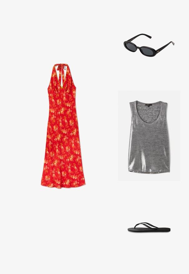 Grå ermeløs tank topp med rund hals, laget av noe skinnende materiale, med en glatt tekstur og standard passform.; Rød blomstret sommerkjole med halterneck-design, med en tett bodice og flytende skjørt, laget av lett stoff med en jevn tekstur.; Svart flip-flop med teksturert gummisåle, to slanke stropper og en subtil, preget logo på stroppen.; Svart overdimensjonerte solbriller med ovale linser, glatt plastramme og gullakenter på bøylene. Mørke linser gir solbeskyttelse.; Grå kort vest med knapper, kombinert med hvite vide jeans og svarte flate sko. Tilbehør med en liten sølvfringe-veske.