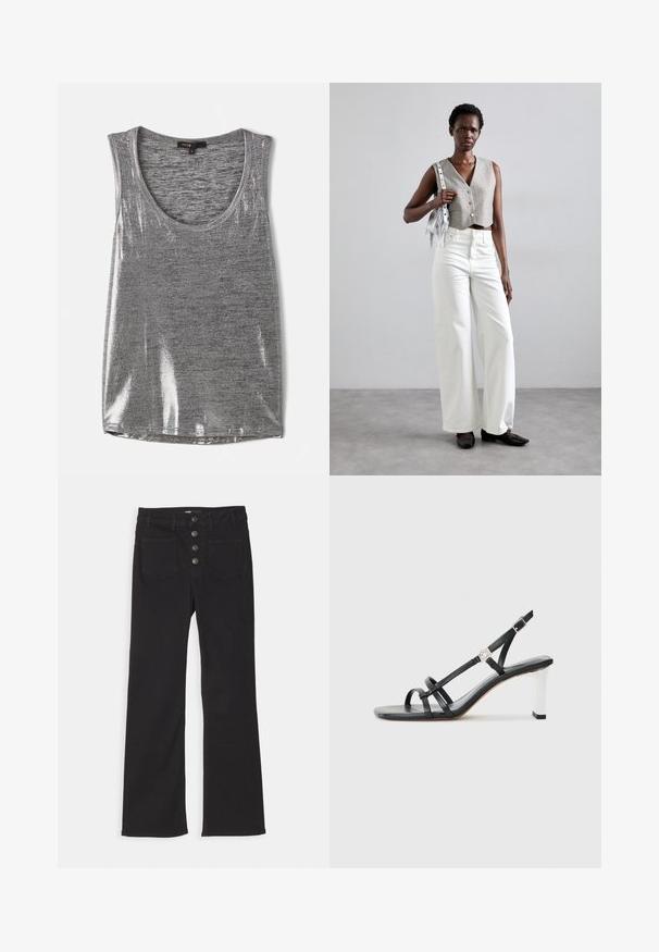 Gray sleeveless tank top with a rounded neckline, made of slightly shiny material, featuring a smooth texture and standard fit.; Black sheer blouse with long sleeves, featuring a lace overlay and sequin detailing, topped with a neck bow tie and a cropped design.; Black denim flared jeans with a high waist, five-pocket design, and a front button closure featuring four metal buttons.; Black heeled sandals with multiple narrow straps, a slingback design, and a silver accent on the heel. Smooth upper material and square heel.; Gray cropped vest with buttons, paired with white wide-leg jeans and black flat shoes. Accessorized with a small silver fringe bag.
