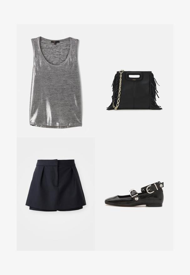 Grå ærmeløs tanktop med en rund halsudskæring, lavet af et let skinnende materiale, med en glat tekstur og standard pasform.; Marineblå plisserede shorts med høj talje, fremstillet af glat stof. Har et tætsiddende design og en skjult forlommer.; Sorte patenteret lædersko med firkantet tå, ankelrem med sølvhardware og flad sål. Glat tekstur med minimalistisk design.; Sort læder skuldertaske med frynse-detaljer, guldkæde skulderrem og udskåret håndtag. Har logo placeret på forsiden.