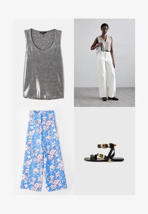 Graues ärmelloses Tanktop mit rundem Halsausschnitt, aus leicht glänzendem Material, das eine glatte Textur und eine normale Passform aufweist.; Blaue Blumenhose mit einem pastellfarbenen Rosenmuster. Der Stoff ist glatt mit einer lockeren Passform, weiten Beinen und einem elastischen Bund.; Schwarze Ledersandalen mit goldenen Schnallenakzenten, die mehrere Riemen und ein flaches Sohlendesign für das Tragen mit offenen Zehen bieten.; Grauer, verkürzter Weste mit Knöpfen, kombiniert mit weißen, weit geschnittenen Jeans und schwarzen flachen Schuhen. Ergänzt durch eine kleine silberne Fransenhandtasche.