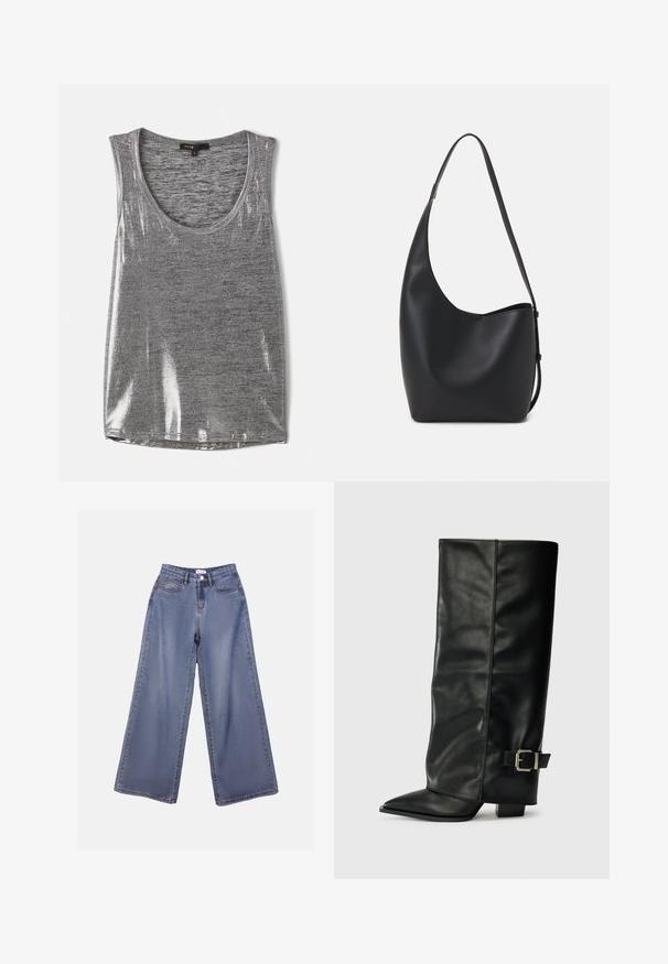Graues ärmelloses Tanktop mit rundem Halsausschnitt, aus leicht glänzendem Material, das eine glatte Textur und eine normale Passform aufweist.; Weite Denim-Jeans in einer hellblauen Wäsche, mit hoher Taille, Fronttaschen und einem Knopfverschluss mit Gürtelschlaufen.; Schwarze Lederstiefeletten in Knöchellänge mit spitzem Zehenbereich, glatter Oberfläche und silberner Schnallenakzent an der Seite. Massiver, quadratischer Absatz.; Schwarze Leder-Hobo-Tasche mit einer glatten Textur, geschwungener Form und einem einzelnen verstellbaren Tragegurt; verfügt über eine weite Öffnung am oberen Ende.