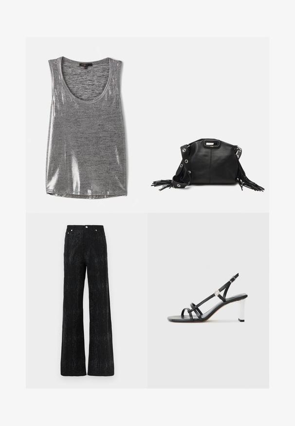 Pilkas be rankovių marškinėlis su apvaliu iškirpimu, pagamintas iš šiek tiek blizgaus audinio, turintis lygų paviršių ir standartinį tinkamumą.; Juodos plačios kelnės su tekstūruota danga, turinčios blizgantį raštą. Užbaigtos standartiniu juosmeniu ir metaliniais mygtukais.; Juodi suknelės sandalai su keliais siaurais dirželiais, slingback dizainas ir sidabro akcentu ant kulno. Lygus viršutinis medžiagos paviršius ir kvadratinis kulnas.; Maje MISS MINI - Rankinė per petį - noir