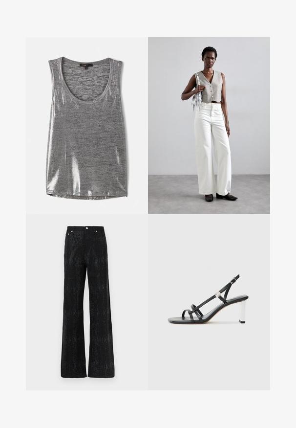 Hallide ilma varrukat ja ümar kaelusega hall tank top, mis on valmistatud veidi läikivast materjalist, omades siledat tekstuuri ja standardset lõiget.; Mustad laiad püksid tekstuurse pinna ja särava mustriga. Viimistletud standardse vöökoha ja metallnupu aktsentidega.; Mustad musta värvi kontsaga sandaalid mitme kitsaste rihmaga, slingback disainiga ja hõbedase aktsendiga kontsal. Sile ülemine materjal ja kvartskonts.; Hallitatud hall vest nööpidega, koos valgete laia säärega teksade ja mustade lameda tallaga kingadega. Kaunistatud väikese hõbedase frantsiisiga kotiga.