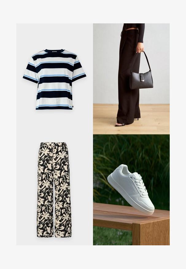 Lühikeste varrukatega T-särk horisontaalsete triipudega tumesinises, helesinises ja valges. Valmistatud pehmest puuvillast, ümmarguse kaelusega ja mugava lõikega.; Mustad laiad püksid kreemja lillemustriga. Valmistatud kergest kangast, millel on sile tekstuur ja kõrge vöökoht.; Valged sneakerd, millel on sile sünteetiline ülemine osa, väikeste aukudega varvaskast, lamedad paelad ja tekstuuriga tald, eksponeeritud puidust pinnal.; Must musta kott, millel on struktureeritud kuju, sile tekstuur ja metallist klamber. Kombineeritud laiate mustade pükstega ja avatud varvaste sandaalidega puidust põrandal.